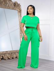 Solid Color T Shirt Wide Leg Pants 2 Piece Set SH-391112