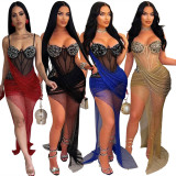 Solid Color Hot Rhinestone Mesh Irregular Mini Dress CYA-901098