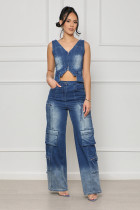 Sexy V Neck Vest And Straight Pants Denim Suit YMEF-51087