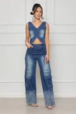 Sexy V Neck Vest And Straight Pants Denim Suit YMEF-51087