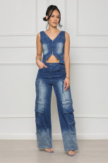 Sexy V Neck Vest And Straight Pants Denim Suit YMEF-51087