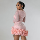 Rhinestone Beads Long Sleeve Mini Dress CYA-901042