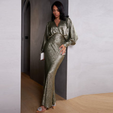  Bat Long Sleeve V-Neck Sexy Long Dress MUE-8057