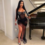 Solid Color Hot Rhinestone Mesh Irregular Mini Dress CYA-901098