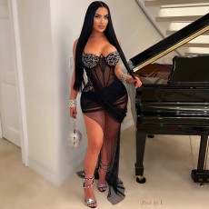 Solid Color Hot Rhinestone Mesh Irregular Mini Dress CYA-901098