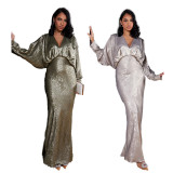  Bat Long Sleeve V-Neck Sexy Long Dress MUE-8057