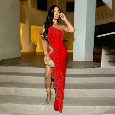 Slash Shoulder Irregular Hot Drill Long Dress CYA-901146
