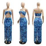 Sexy Print Wrap Tops And Tassel Skirt 2 Piece Set CYA-901138