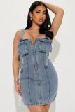 Shoulder Strap Snap Adjuster Denim Patchwork Midi Dress YMEF-51090