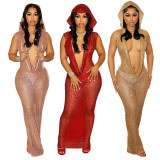 Deep V Neck Sequin See Through Maxi Dress CYA-901151
