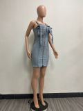 Shoulder Strap Snap Adjuster Denim Patchwork Midi Dress YMEF-51090