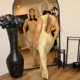 Deep V Neck Sequin See Through Maxi Dress CYA-901151