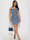 Shoulder Strap Snap Adjuster Denim Patchwork Midi Dress YMEF-51090