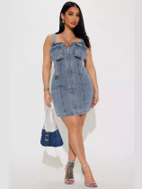 Shoulder Strap Snap Adjuster Denim Patchwork Midi Dress YMEF-51090