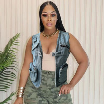 Fashion Sleeveless Washed Denim Jacket WAF-77663