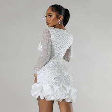 Rhinestone Beads Long Sleeve Mini Dress CYA-901042
