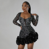Rhinestone Beads Long Sleeve Mini Dress CYA-901042