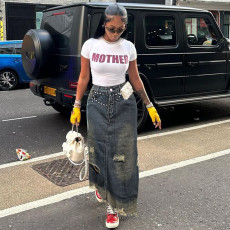Ripped Denim Straight Loose Denim Skirt WAF-77664