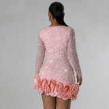 Rhinestone Beads Long Sleeve Mini Dress CYA-901042