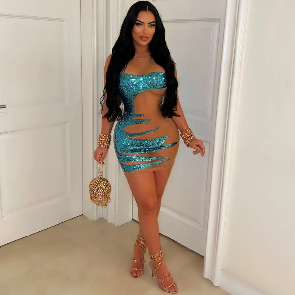Sexy Sleeveless See Through Hot Drill Mini Dress CYA-901132