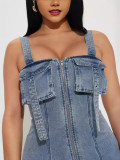 Shoulder Strap Snap Adjuster Denim Patchwork Midi Dress YMEF-51090