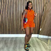 Solid Color Pockets Shorts Casual Two Piece Set SFY-421