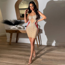 Hot Drill Velour Patchwork Mesh Camisole Mini Dress CYA-901070