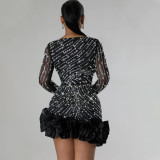 Rhinestone Beads Long Sleeve Mini Dress CYA-901042