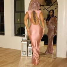 Deep V Neck Sequin See Through Maxi Dress CYA-901151