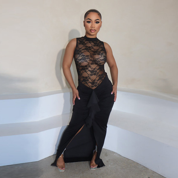 Sexy See Through Lace Patchwork Long Dress YF-10712