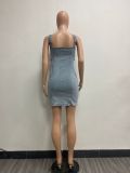 Shoulder Strap Snap Adjuster Denim Patchwork Midi Dress YMEF-51090