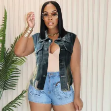 Fashion Denim Washed Sleeveless Vest Jacket WAF-77662