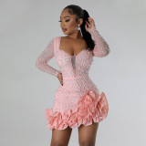 Rhinestone Beads Long Sleeve Mini Dress CYA-901042