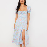 Casual Bubble Sleeve Sling Split Print Dress GYSM-W0274