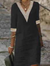 Plus Size Solid V Neck Half Sleeve Midi Dress GYSM-W0558