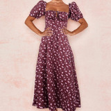 Casual Bubble Sleeve Sling Split Print Dress GYSM-W0274