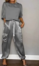 Plus Size Smooth Satin Half Sleeve Top Pants Two Piece Suit GYSM-W0733