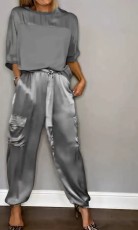 Plus Size Smooth Satin Half Sleeve Top Pants Two Piece Suit GYSM-W0733