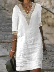 Plus Size Solid V Neck Half Sleeve Midi Dress GYSM-W0558