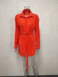 Pleated Tie Belt Casual Long Sleeve Shirt Dress GYSM-W0525