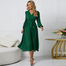 Solid Color Pleated Belt V-Neck Midi Dress GYSM-TT0623