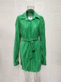 Pleated Tie Belt Casual Long Sleeve Shirt Dress GYSM-W0525