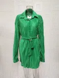 Pleated Tie Belt Casual Long Sleeve Shirt Dress GYSM-W0525