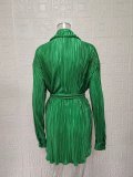 Pleated Tie Belt Casual Long Sleeve Shirt Dress GYSM-W0525