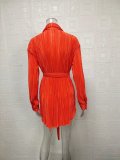 Pleated Tie Belt Casual Long Sleeve Shirt Dress GYSM-W0525
