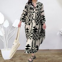 Plus Size Bohemian Print Long Sleeve Shirt Dress GYSM-W0704