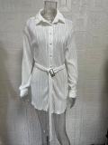 Pleated Tie Belt Casual Long Sleeve Shirt Dress GYSM-W0525