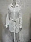 Pleated Tie Belt Casual Long Sleeve Shirt Dress GYSM-W0525