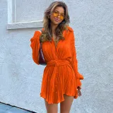 Pleated Tie Belt Casual Long Sleeve Shirt Dress GYSM-W0525