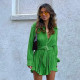 Pleated Tie Belt Casual Long Sleeve Shirt Dress GYSM-W0525